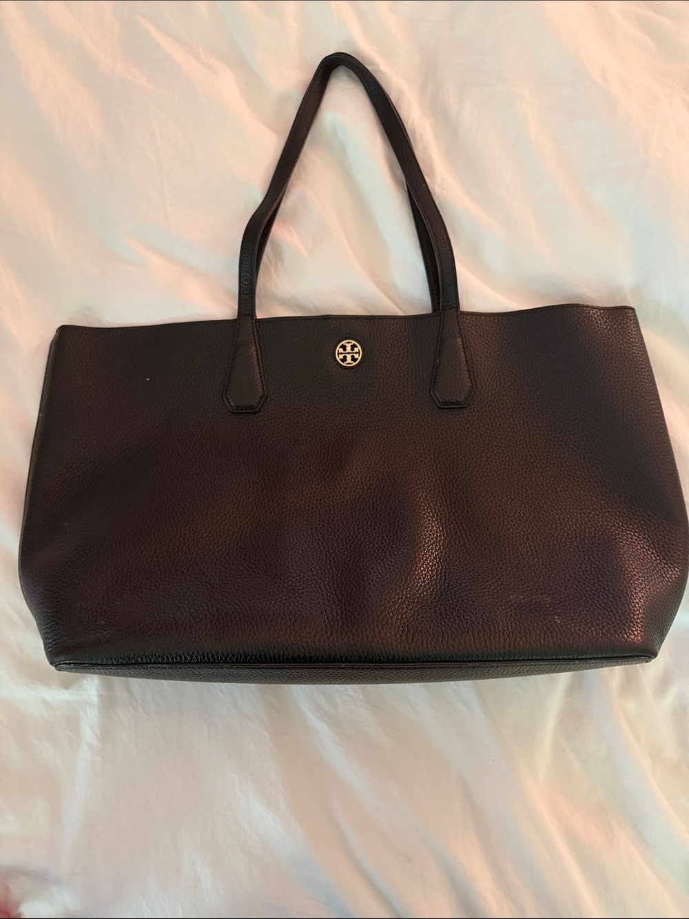Tory Burch Black Pebbled Leather Tote with Gold Logo Medallion